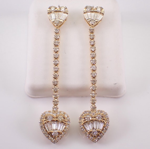 14K Yellow Gold Diamond Heart Earrings, Unique Dangle Tennis Chandelier Drops