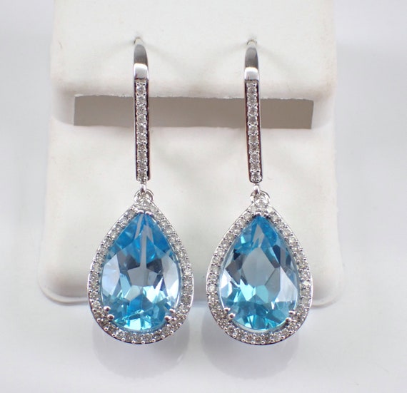 Unique Blue Topaz and Diamond Dangle Earrings, White Gold Gemstone Teardrop Halo Earrings, December Birthstone Gift for Women