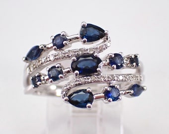Sapphire and Diamond Stacked Ring, White Gold Multi Row Wedding Anniversary Band, Unique Gemstone Fine Jewelry Gift