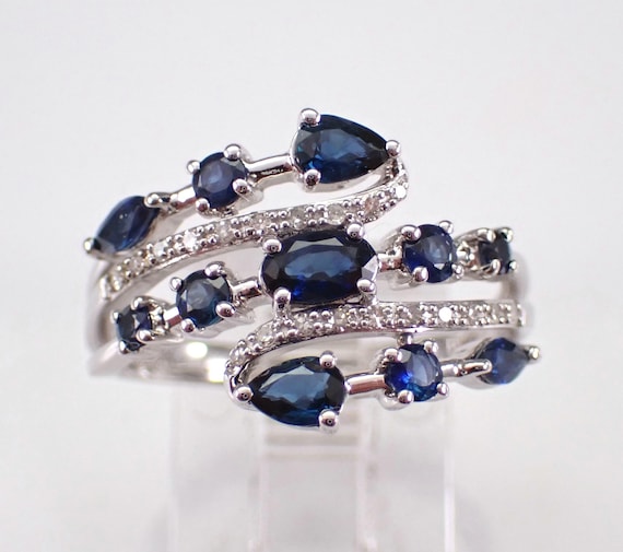 Sapphire and Diamond Stacked Ring, White Gold Multi Row Wedding Anniversary Band, Unique Gemstone Fine Jewelry Gift