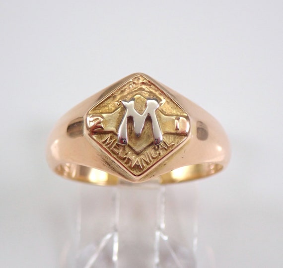 Vintage Solid 10K Gold M Initial Signet Ring, Antique Unisex Jewelry, Mechanical Band