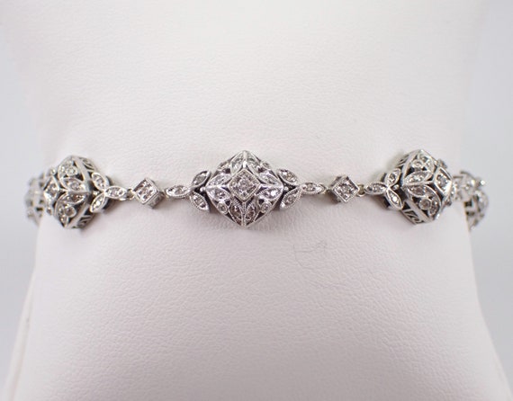 14K White Gold Diamond Bracelet - Vintage Style Statement Cluster Tennis Link - Unique Estate Design Fine Jewelry