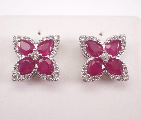14K White Gold Ruby and Diamond Stud Earrings: Dainty Flower Clover Halo Setting