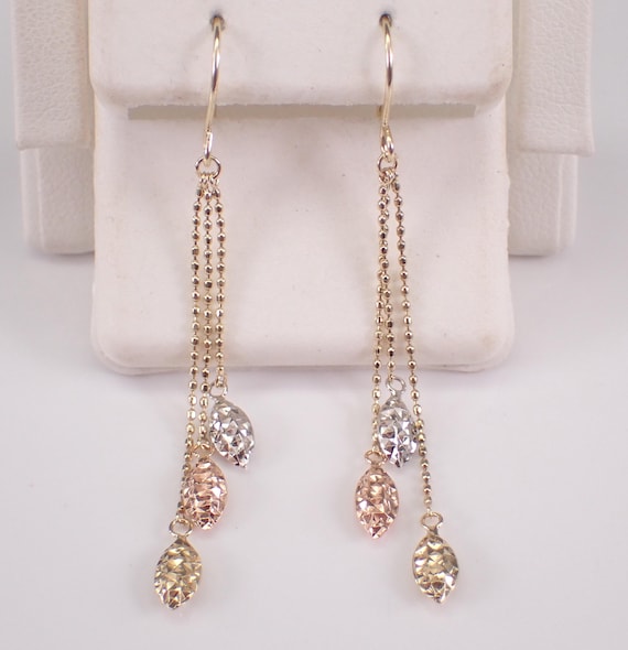Vintage Yellow Gold Beaded Dangle Earrings: Tri color Multi Strand Chain Drop