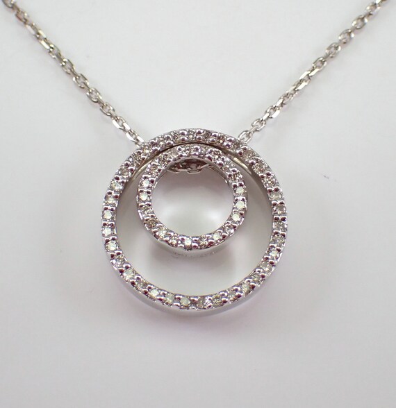 Diamond Circle of Life Pendant and Chain - 14K White Gold Slide Choker Necklace - Unique Modern Interlocking Double Drop Charm