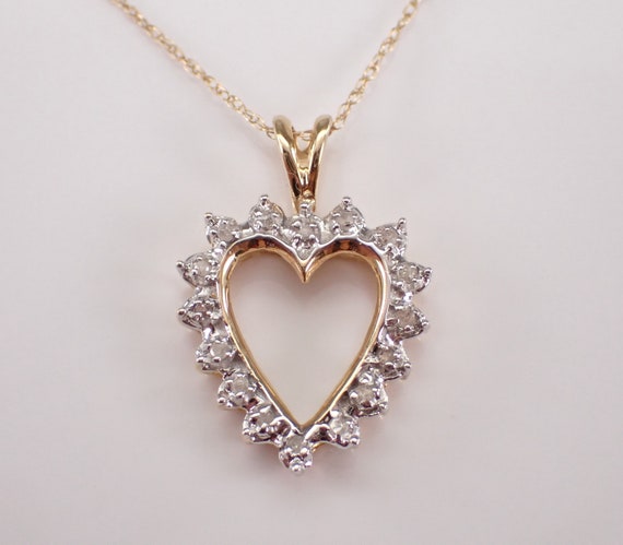 14K Yellow Gold Diamond Heart Pendant - Vintage Estate Charm Necklace - Dainty 18" Choker Chain