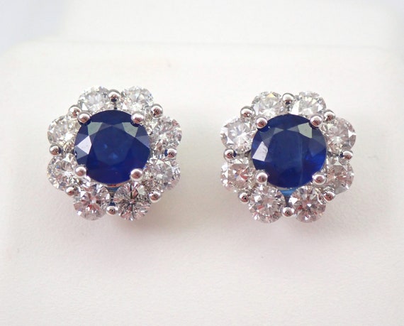 18K White Gold Sapphire Stud Earrings - Diamond Halo Setting - September Birthstone Fine Jewelry Gift