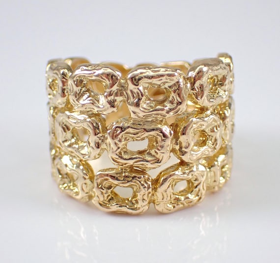 Vintage Solid 14K Yellow Gold Multi Row Band, Wide Right Hand Chunky Ring, Estate Fine Jewelry Gift