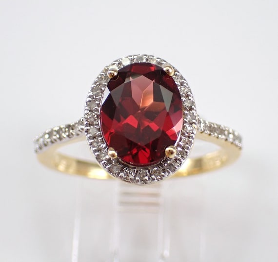 Garnet and Diamond Engagement Ring - Yellow Gold Halo Setting - January Birthstone Jewelry Gift
