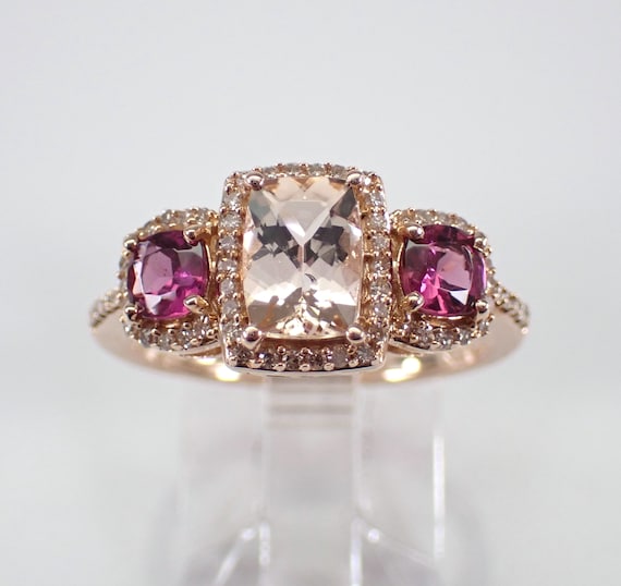 Morganite and Pink Tourmaline Engagement Ring, Rose Gold Diamond Halo Setting, Unique Gemstone Three Stone Jewelry Gift