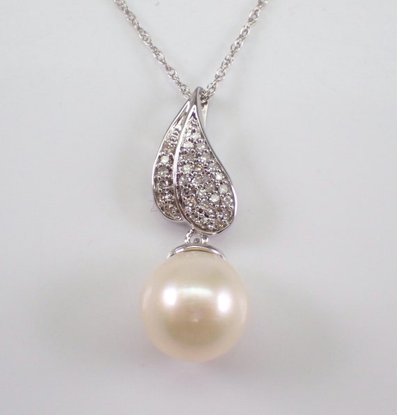 14K White Gold Pearl and Diamond Pendant - June Birthstone Fine Jewelry Gift - Dainty Gemstone Choker Charm