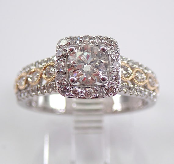 14K Gold Diamond Engagement Ring, White and Yellow Two Tone Halo Setting, Unique Bridal Promise Jewelry Gift