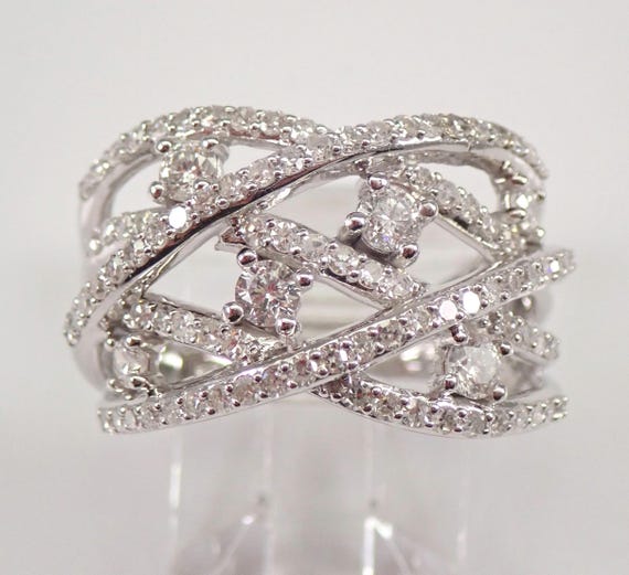 Unique Genuine Diamond Multi Row Ring, Solid 14k White Gold Wedding Anniversary Band, Right Hand Fine Jewelry