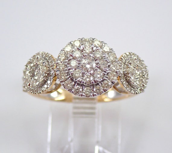 Yellow Gold Diamond Cluster Ring - Three Stone Halo Engagement Setting - Past Present Future Fine Jewelry Gift