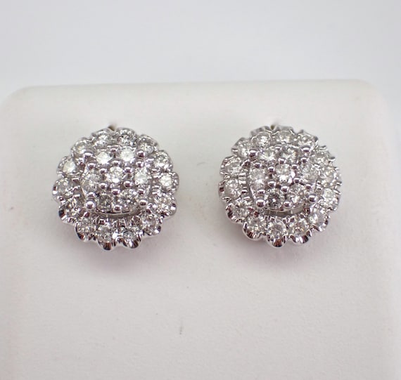 Diamond Cluster Stud Earrings - 14K White Gold Floral Halo Studs - Dainty Fine Jewelry Gift