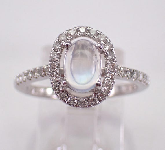 Moonstone and Diamond Engagement Ring - 18K White Gold Bridal Halo Setting - GalaxyGems Fine Jewelry Gift