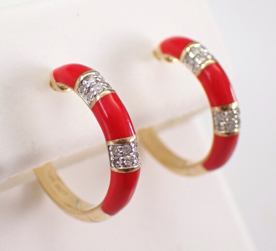 Diamond and Enamel Hoop Earrings - Solid Yellow Gold Dainty Hoops - Unique Fine Jewelry Gift