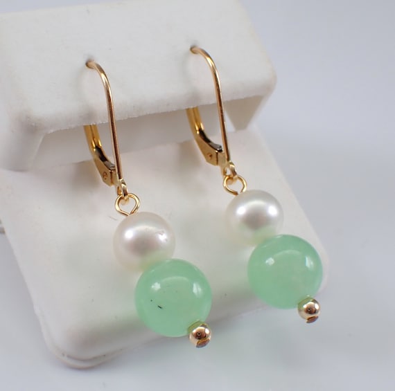 Vintage 14K Yellow Gold Jade and Pearl Drop Earrings - 80s Estate Gemstone Birthstone Jewelry