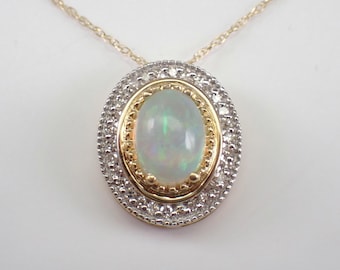 Diamond and Opal Charm Pendant - Yellow Gold Halo Slide Necklace - Unique Oval Setting with Chain