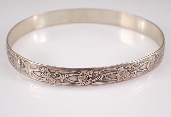 Vintage Sterling Silver Flower Bangle Bracelet Cuff