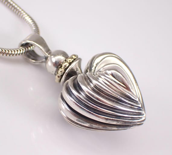 Vintage Sterling Silver and 18k Gold Heart Necklace, Unique Lagos Caviar Charm Pendant, Estate Everyday Snake Chain Jewelry Gift