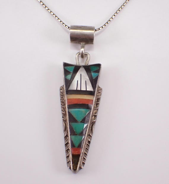 Vintage Sterling Silver Inlay Pendant Necklace: Unique Southwester Turquoise Coral Onyx Charm on Chain