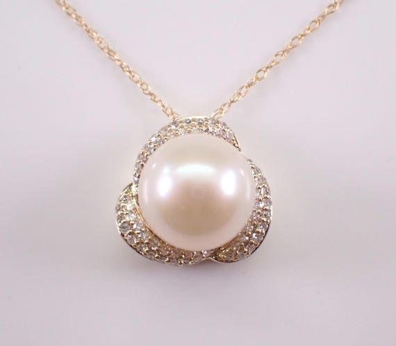 14K Yellow Gold Pearl and Diamond Necklace: Unique Halo Charm Pendant and Chain