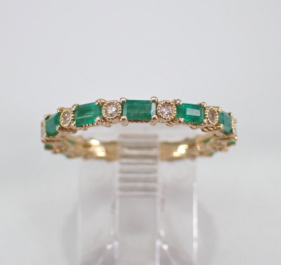 Emerald and Diamond Wedding Ring - 14k Yellow Gold Gemstone Baguette Band - Anniversary Birthstone Jewelry Gift