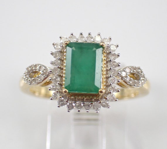Emerald and Diamond Halo Engagement Ring - Solid Yellow Gold Gemstone Ring - May Birthstone Fine Jewelry Gift