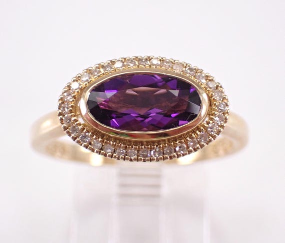 Amethyst and Diamond Engagement Ring - Yellow Gold Halo Bridal Setting - February Gemstone Dainty Anniversary Jewelry Gift