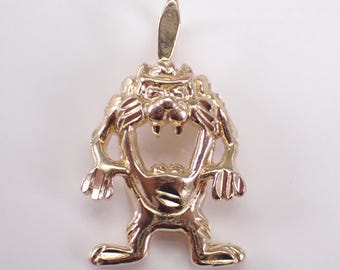 Ciondolo vintage con ciondolo a forma di diavolo della Tasmania, in oro giallo massiccio 14 carati, Warner Bros Taz, esclusivo ciondolo a forma di diavolo della Tasmania per bracciale o collana.