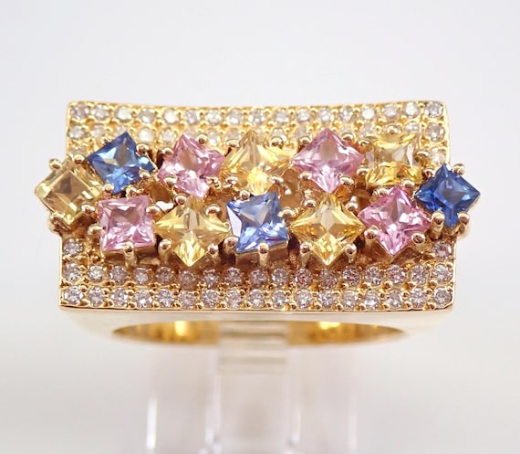 Multi Color Sapphire Anniversary Ring, 18k Yellow Gold Diamond Wedding Band, Colorful Gemstone Jewelry Gift