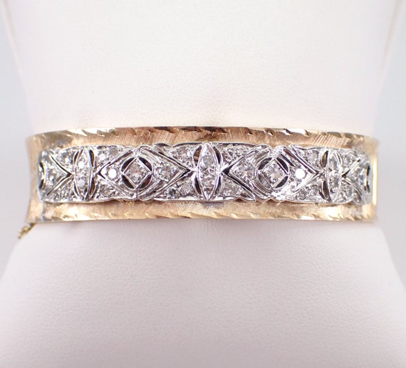Antique 14K Yellow Gold and Platinum Diamond Bangle Bracelet - Vintage Two Tone Chunky Statement Jewelry Gift