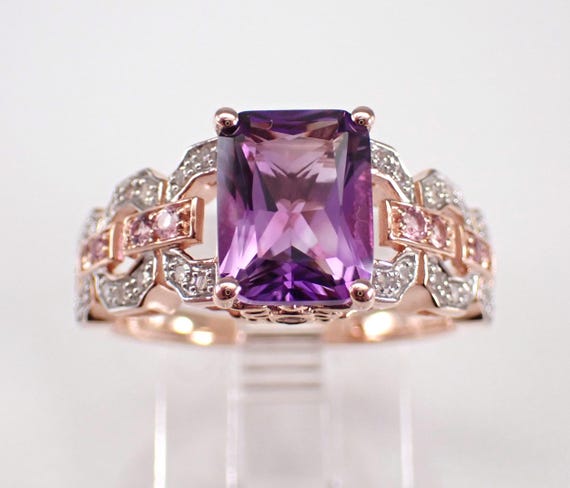 Rose Gold Amethyst Engagement Ring - Diamond and Pink Tourmaline Setting - Gemstone Bridal Jewelry Gift