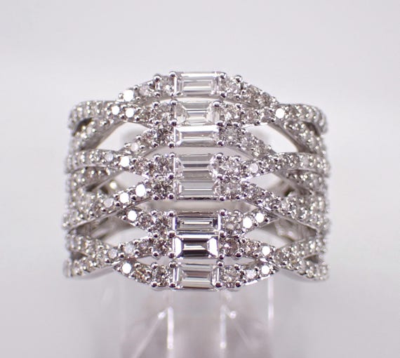Baguette Diamond Anniversary Ring - White Gold Bridal Fine Jewelry - Multi Row Wide Stackable Wedding Cigar Band