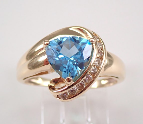 Vintage Estate Yellow Gold Trillion Swiss Blue Topaz and Diamond Engagement Ring Size 7.5
