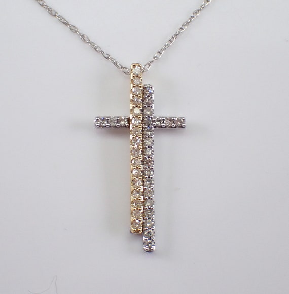 Two Tone Gold Diamond CROSS Pendant - Yellow and White Gold Religious Necklace - Crucifix Charm Choker Jewelry Gift on Thin 18 inch Chain