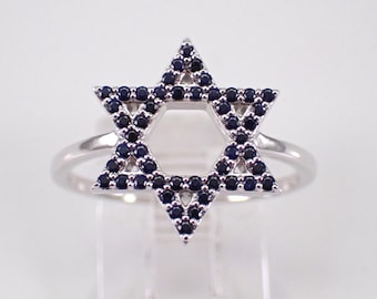 Sapphire Star of David Ring - White Gold Jewish Magen Symbol - Unique Religious Fine Jewelry Gifts
