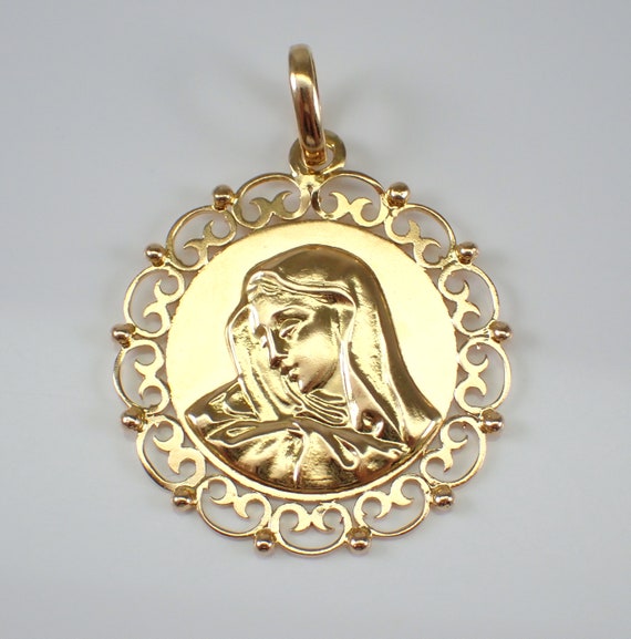 Vintage 14K Yellow Gold Virgin Mary Charm, Religious Miraculous Medal Pendant, Antique Round Disk Faith Prayer Jewelry