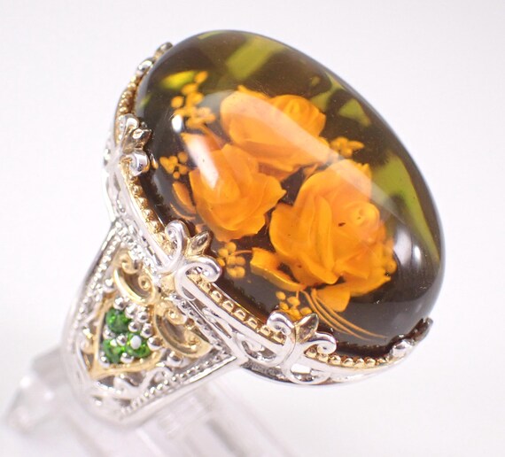 Vintage Sterling Silver Flower Ring, Unique Carved Two Tone Gemstone Setting - Unique Michael Valitutti Jewelry Gift