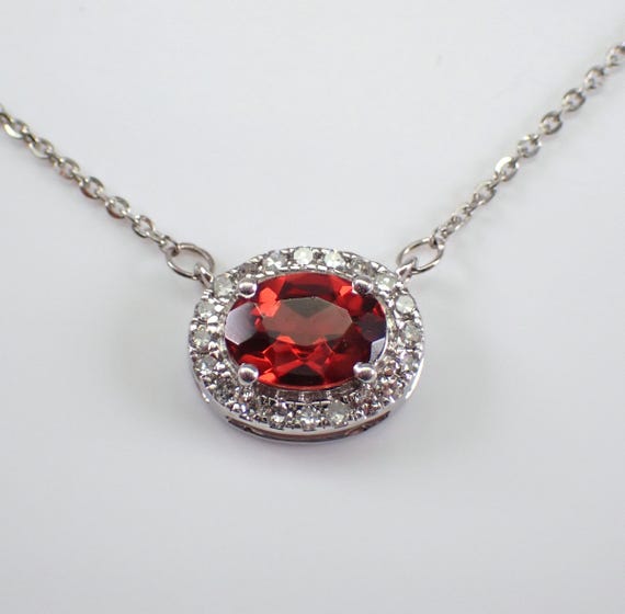 White Gold Garnet Station Necklace - Diamond Halo Pendant and Chain - January Gemstone Charm Choker