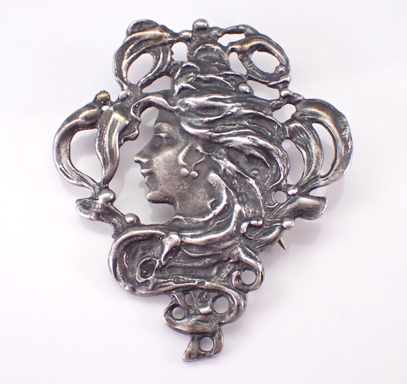 Vintage Sterling Silver Brooch - Unique Art Nouveau Lady Profile Jewelry Gift