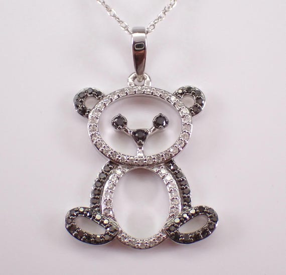 White Gold Black Diamond Panda Bear Necklace - Unique Teddy Charm Pendant and Chain - GalaxyGems Bridal Fine Jewelry Gift