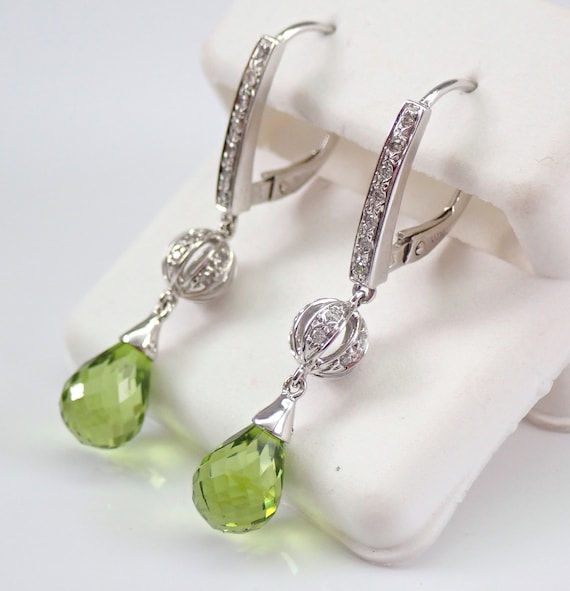 14K White Gold Diamond and Peridot Briolette Dangle Earrings, August Birthstone Jewelry Gift, Lime Green Sparkly Dangle Earrings