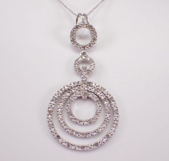 White Gold Diamond Pendant and Chain - Interlocking Circles Charm Necklace - Estate Wedding Anniversary Jewelry Gift