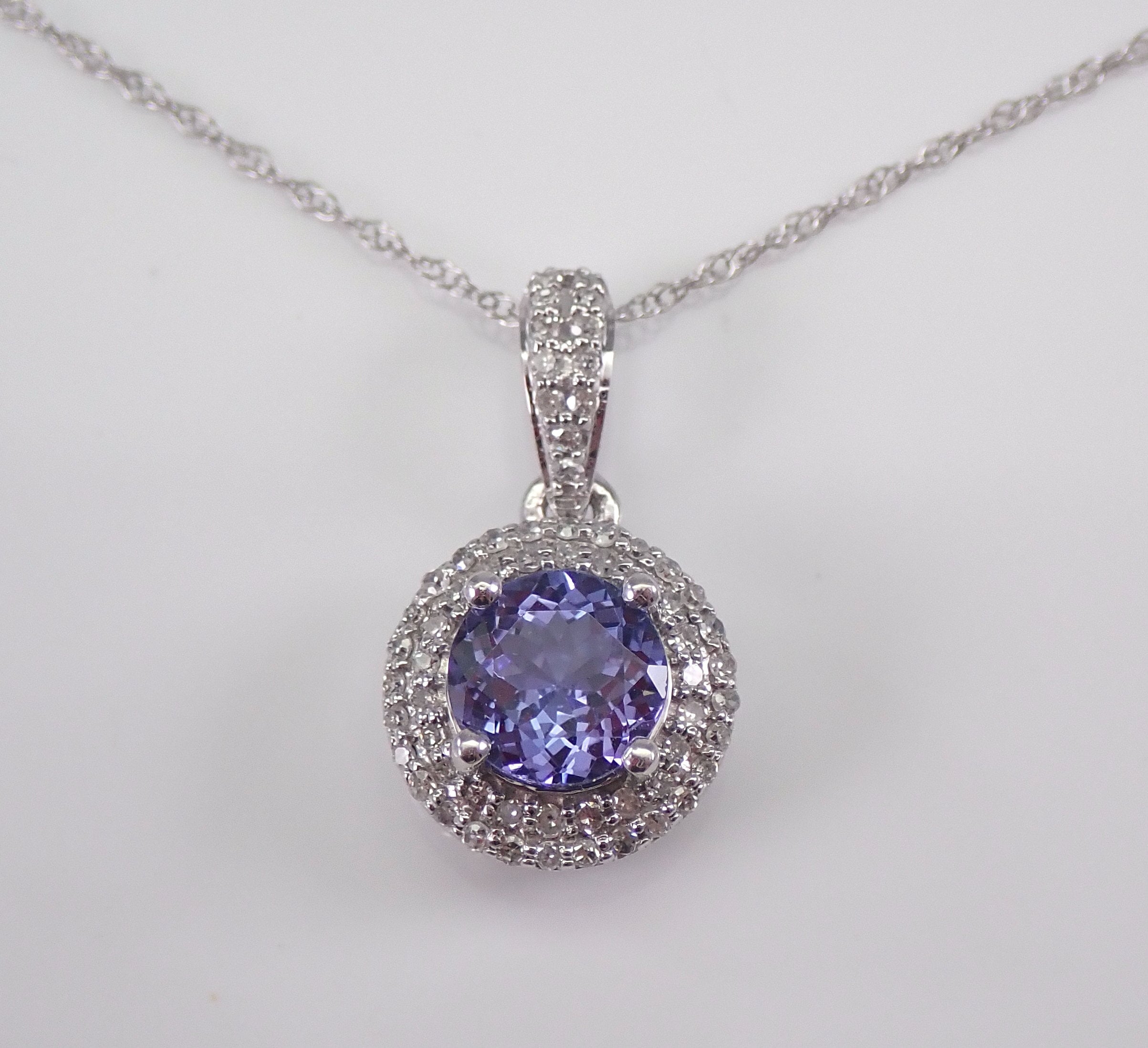 Diamond and Tanzanite Halo Pendant Necklace 14K White Gold 18 Chain ...