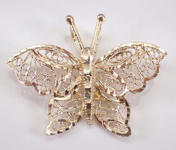 Vintage 14K Yellow Gold Butterfly Charm Pendant: Dainty Filigree Antique Jewelry Gift for Necklace