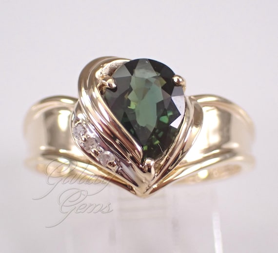 Green Tourmaline and Diamond Engagement Ring - Yellow Gold Wedding Anniversary Band Setting - Forest Green Color Gemstone Jewelry