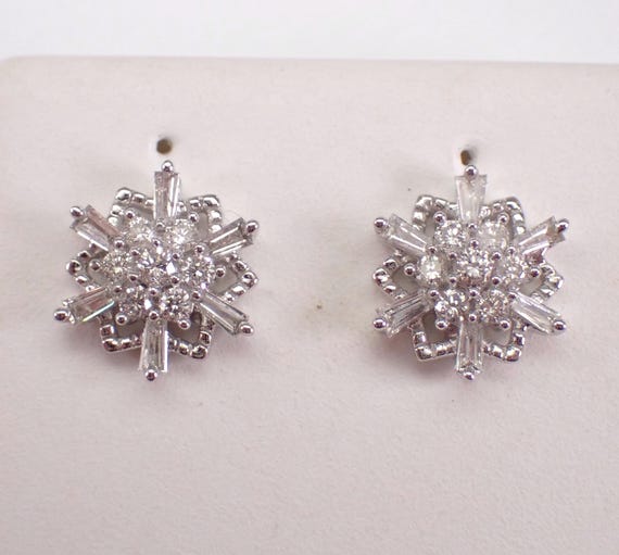 14K White Gold Diamond Stud Earrings, Flower Cluster Baguette Studs, GalaxyGems Fine Jewelry Gift