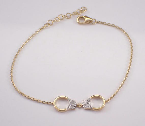 Yellow Gold Diamond Handcuffs Bracelet: Dainty Hand Cuff Charm Station Chain Link
